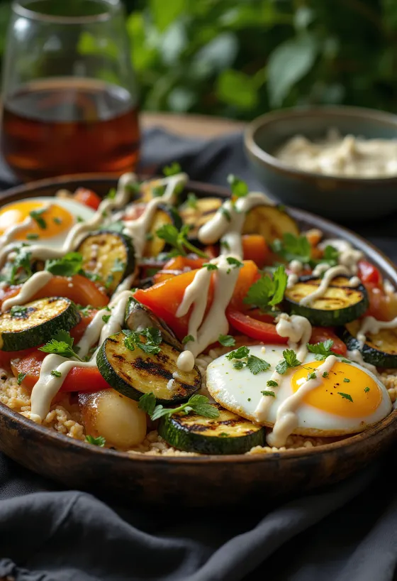 خضروات مشوية مع صلصة الطحينة، مزينة بالبقدونس