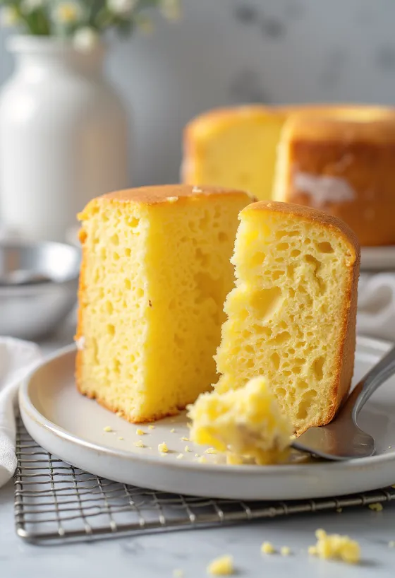 كعكة إسفنجية منزلية مقطعة إلى شرائح، بطبقة علوية ذهبية بنية