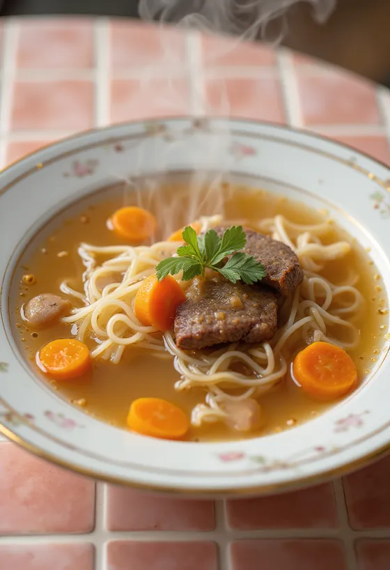 شوربة لحم تقدم مع خضروات طازجة ونودلز