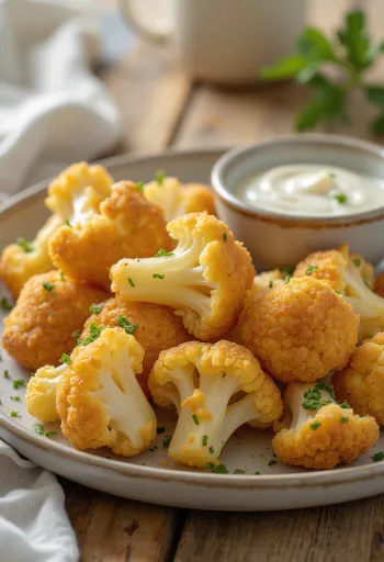 قرنبيط مقلي ذهبي اللون، يقدم بطبقة مقرمشة