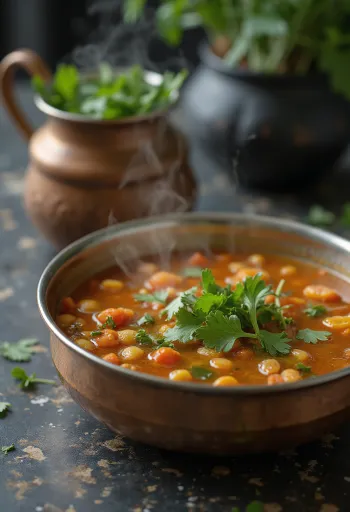 راسام بالفلفل الطويل، مرق متبل غني مقدم مع كزبرة طازجة