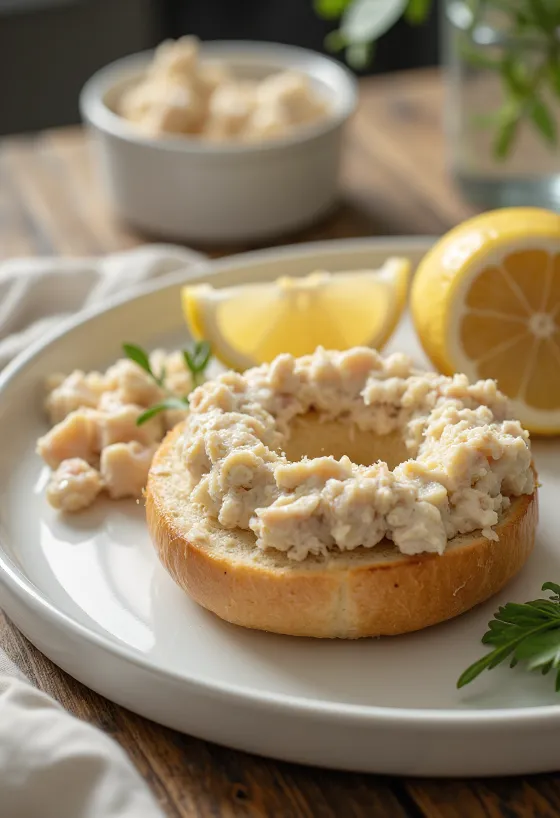 بيجل بكريمة التونة والجبن الكريمي، مزين بالبقدونس الطازج