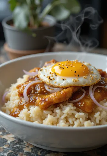 لوكو موكو بالدجاج، مقدم على أرز، مع بيض وصلصة صويا