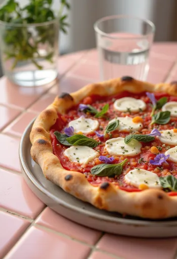 بيتزا بزهور الريحان مع ريحان طازج وزهور الريحان