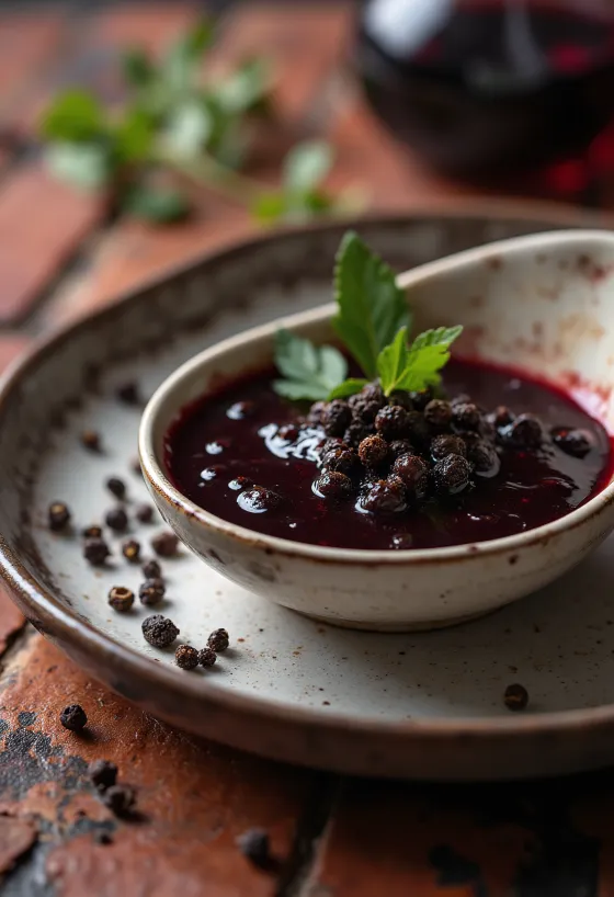 صلصة الفلفل الأسود الغنية في طبق تقديم