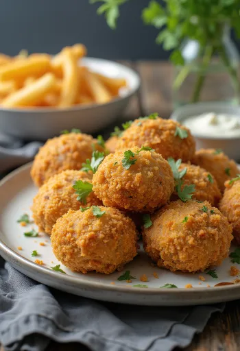 رؤوس فطر مقلية بانيه بلون ذهبي في غلاف مقرمش، تقدم مع سلطة طازجة وصلصة تارتار.