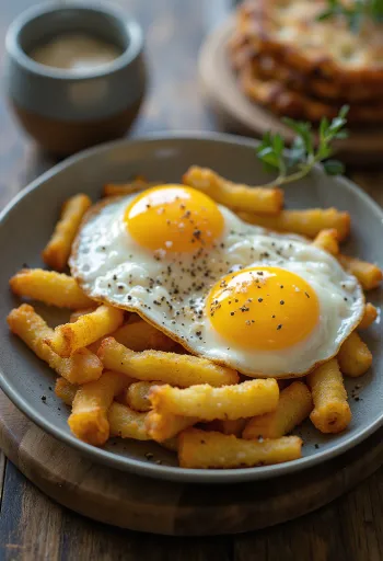 يوكا مقلية مع بيض مقلي، تقدم مع فلفل أسود مطحون طازج