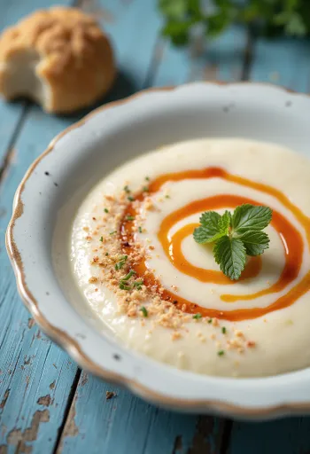 شوربة كريمة القرنبيط بالفلفل المدخن مقدمة للتقديم