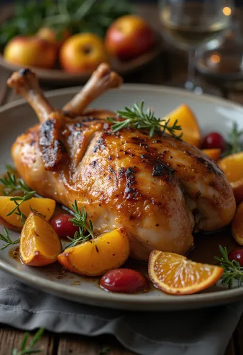 فخذ بط مشوي مقدم مع طبق فواكه جانبي