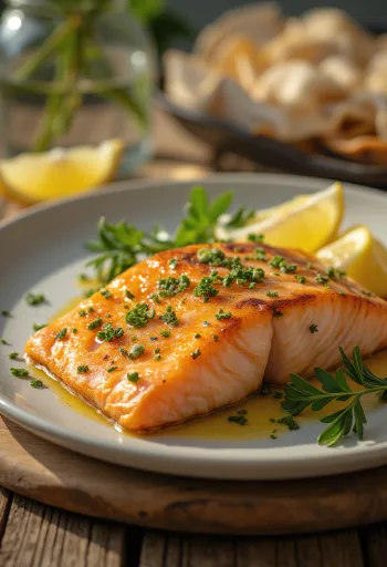 فيليه سلمون مشوي، بجلد مقرمش ومزين بشرائح الليمون