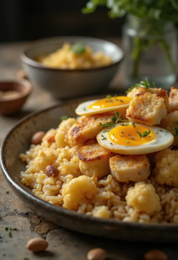 مقلوبة الدجاج – أرز متراكم، خضروات مقلية ودجاج مقدم مقلوبًا، على الطراز الشرقي