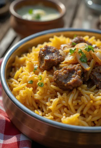طبق برياني لحم ماعز مزين بالبصل والمكسرات