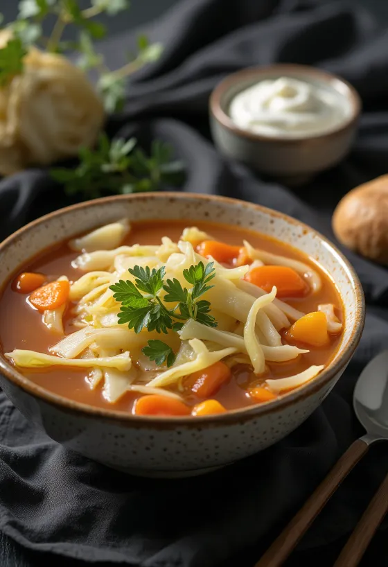 شوربة ملفوف ساخنة غنية بالخضروات والتوابل، مزينة بالشبت الطازج.