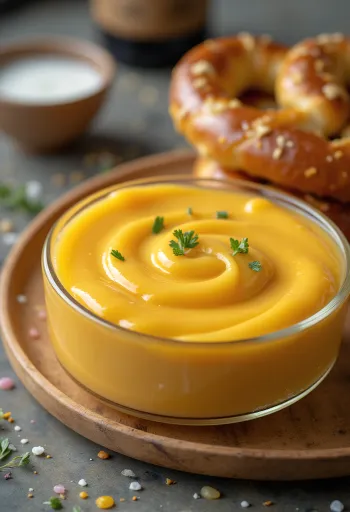 صلصة جبن الشيدر بماء الشعير في وعاء، مزينة بالبقدونس الطازج، بجانب الناتشوز.