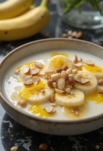 باسوندي بالموز، حلوى غنية بكريمة الحليب، تقدم مع اللوز والبندق