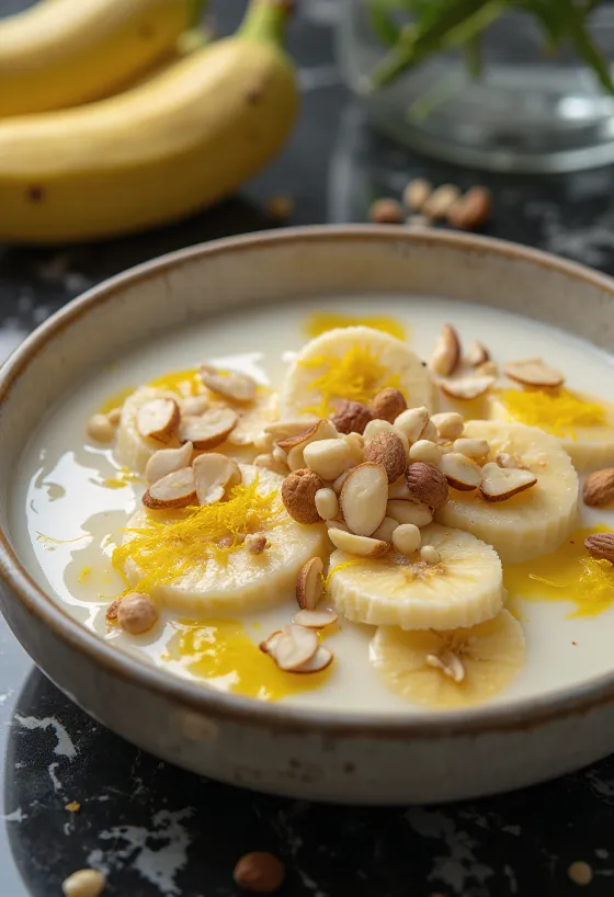 باسوندي بالموز، حلوى غنية بكريمة الحليب، تقدم مع اللوز والبندق