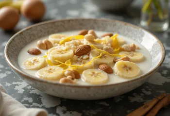 باسوندي بالموز، حلوى غنية بكريمة الحليب، تقدم مع اللوز والبندق