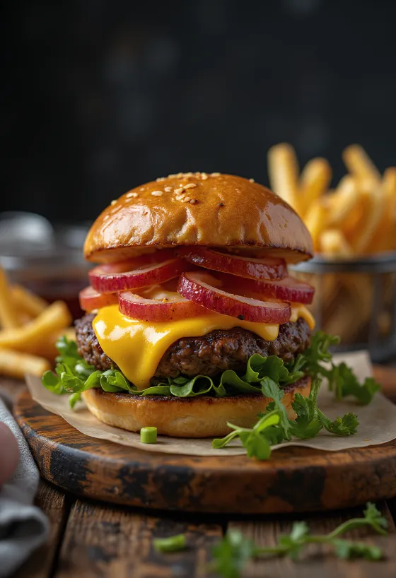 برجر بيسون مشوي مع جبن وخس وطماطم