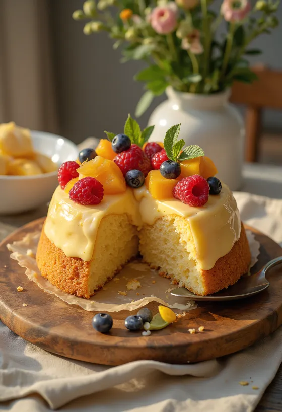 كعكة فواكه طازجة مع فواكه ملونة وطبقة جيلي لامعة