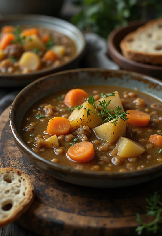 شوربة عدس بالخضروات مقدمة مع خبز طازج.