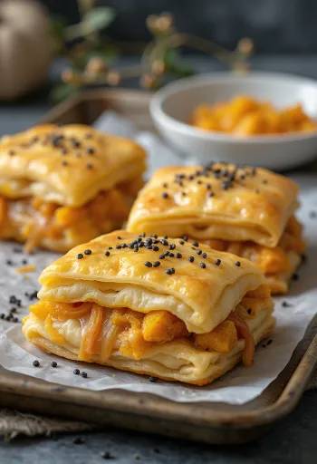 فطائر سامسا ذهبية اللون محشوة بالقرع ومزينة بالسمسم