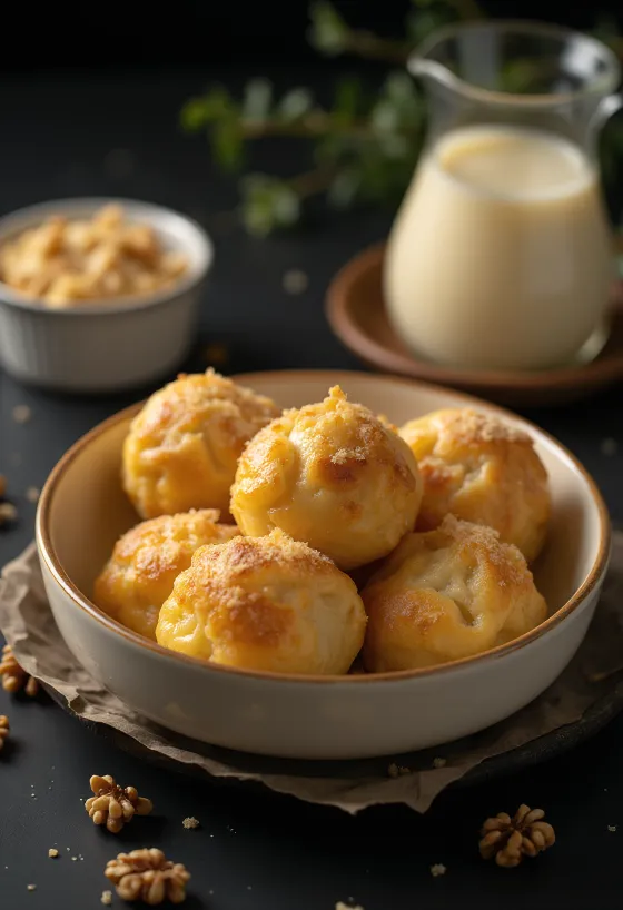 زلابية ذهبية تقليدية مع صلصة الفانيليا، طبقات من الجوز وعجينة طرية.