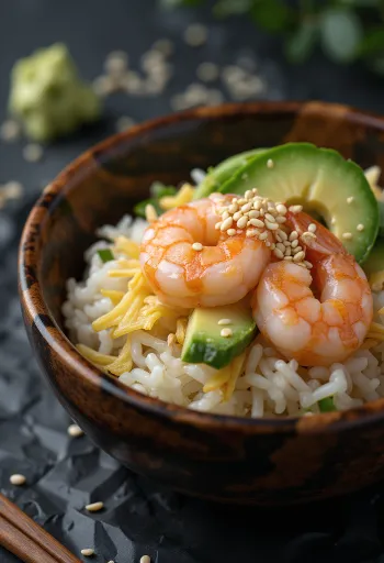 تشيراشي مع الروبيان، أرز سوشي، أفوكادو وسمسم مقدم