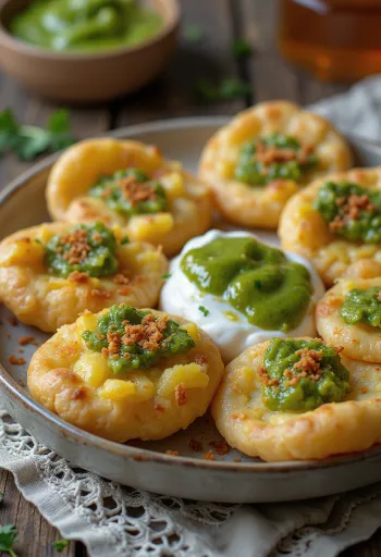 داهي بوري مع صلصة خضراء حارة، مزين بالزبادي الطازج والفلفل الحار