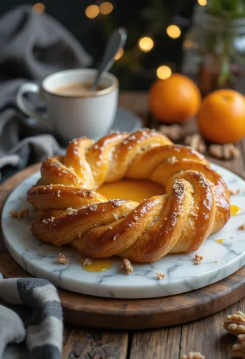 كرينجل بحشوة البرتقال، عجينة مورقة، حشوة برتقال ومعجنات طازجة.