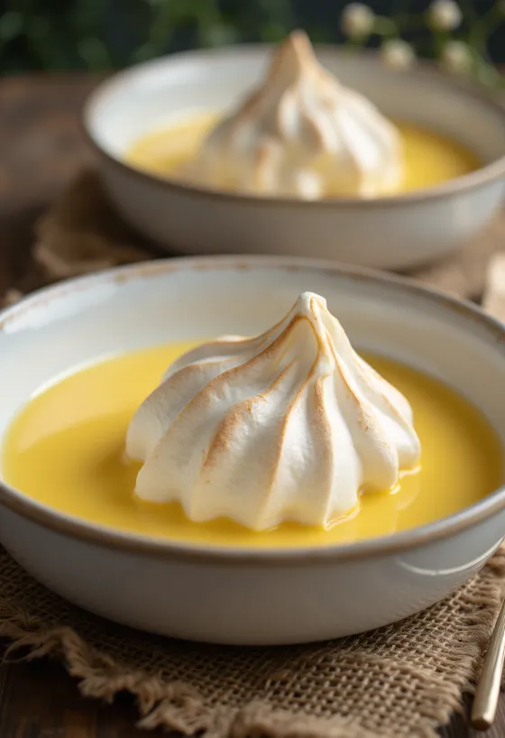 جزر عائمة تقدم في أكواب، مع كريمة الفانيليا وزينة رغوة بياض البيض