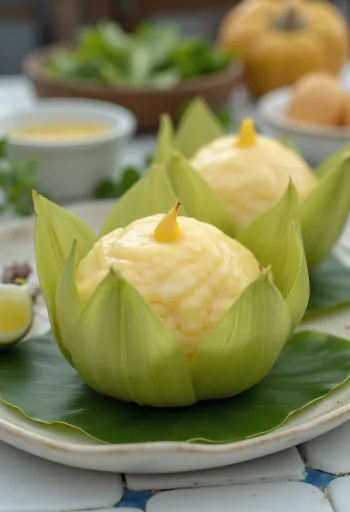 بامونها بحليب جوز الهند مقدمة مع أوراق الموز الطازجة