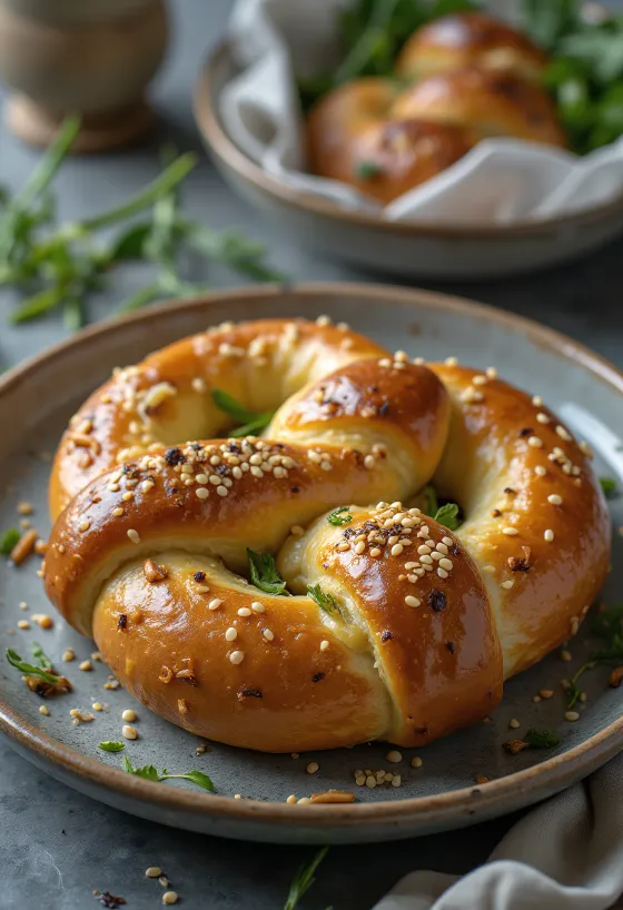 بريتزل بالكراث مقدم للتقديم
