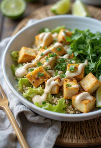 وعاء بوذا كينوا بالليمون وتوفو بالطحينة مقدم للتقديم