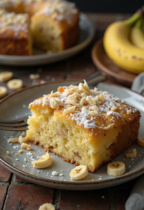 كعكة الموز وجوز الهند مرشوشة بسكر بودرة ومزينة بجوز هند مبشور