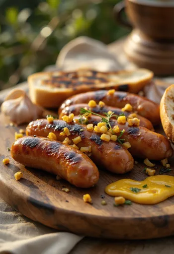 سجق مشوي مقدم مع الخضروات والخبز