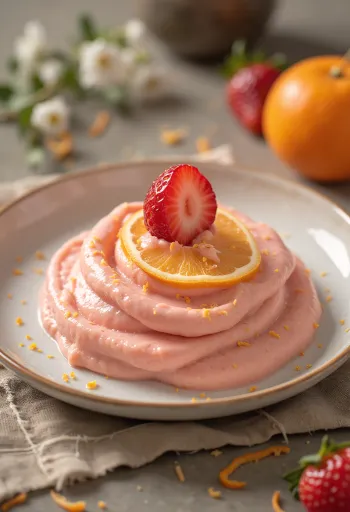 سموذي البرتقال والفراولة مزين بفراولة طازجة وبشر برتقال