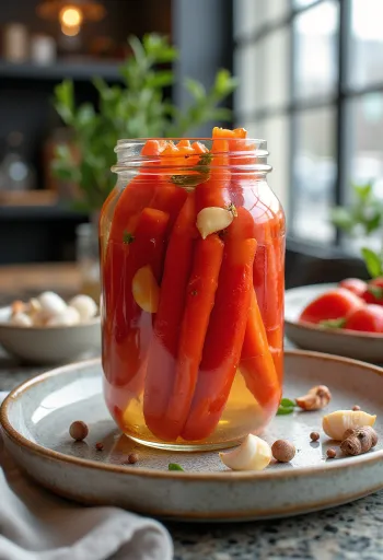 شرائح فلفل أحمر مخللة حارة بالخل مقدمة في برطمان