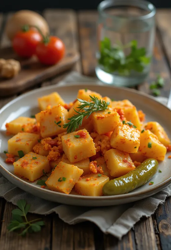 معكرونة بالبطاطس مقدمة مع بصل محمر وبابريكا