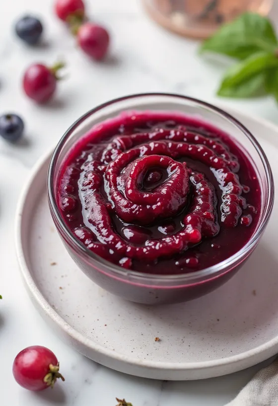 صلصة الورد البري بعصير العنب الأحمر في وعاء، مزينة بإكليل الجبل الطازج.