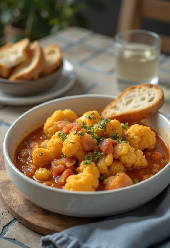 يخنة قرنبيط متبلة في قاعدة طماطم غنية بالعصارة، مرشوشة بقدونس طازج.