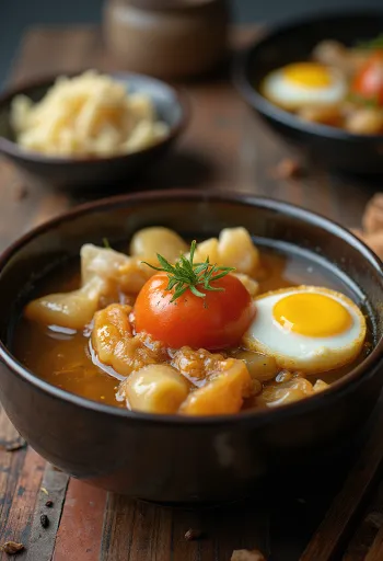 أودين بالطماطم، حساء ياباني حلال، مع توفو وبيض مسلوق وطماطم طازجة