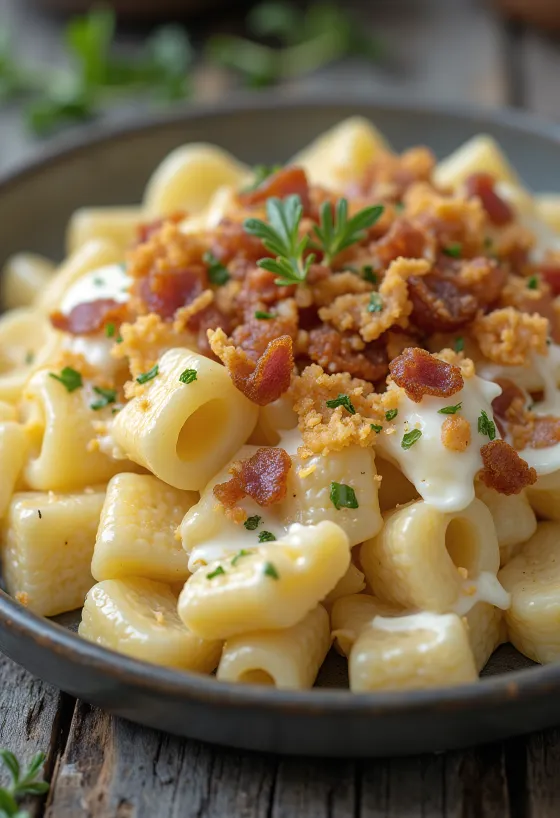 معكرونة بالجبن القريش مرشوشة بقطع لحم مقدد، ومقدمة مع شبت طازج