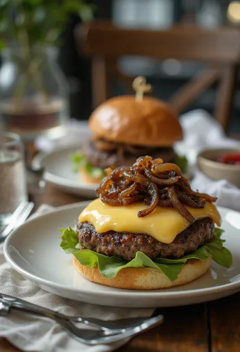 برجر فرنسي بجبن الكاممبير والبصل المكرمل