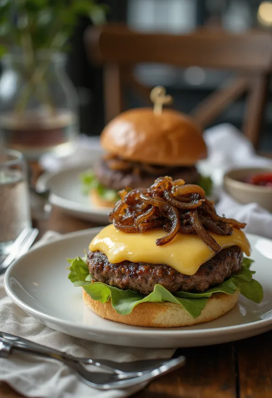 برجر فرنسي بجبن الكاممبير والبصل المكرمل