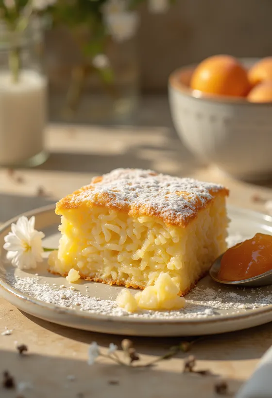 سوفليه أرز مخبوز بلون ذهبي، مرشوش بسكر بودرة ومقدم مع مربى فواكه