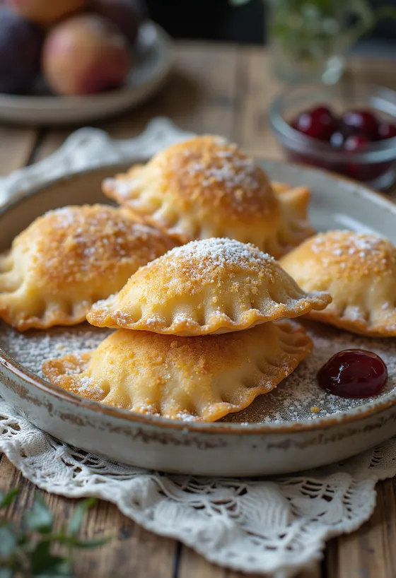 فطائر برقوق مسلوقة طازجة، مغطاة بفتات محمر.