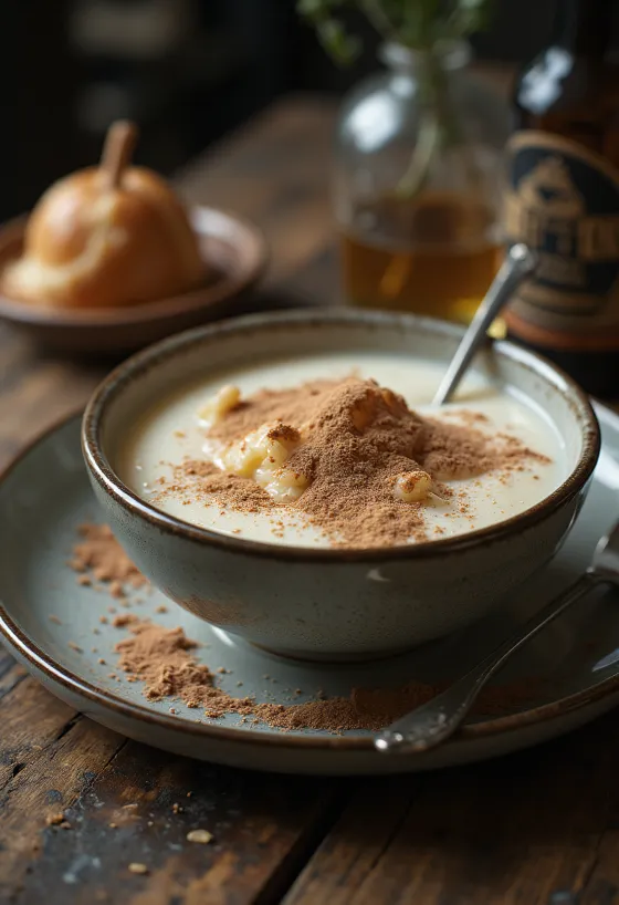 بودينغ سميد كريمي مرشوش بالكاكاو، ومقدم مع فواكه طازجة.